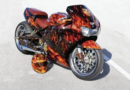 Flames - sport bike, road, airbrush, flame, wheels, fire, seat, helmet, languages