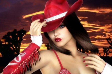 3d girl in red - beauty, woman, lady, sexy, hat, trees, female, cowgirl, tassles, cowboy hat, clouds, red, digital art