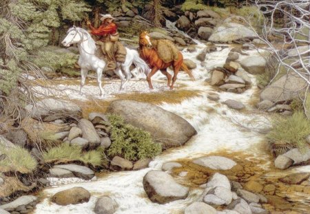 THE_FOREST_HAS_EYES - trees, water, horses, rocks