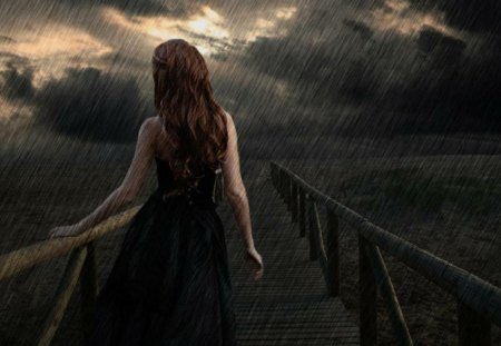 The_rain_Wallpaper - bridge, girl, clouds, rain