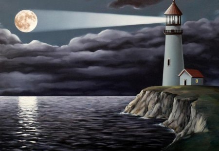 Touching_the_impossible - moon, clouds, water, lighthouse