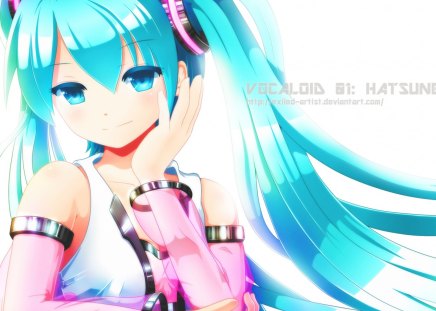 Hatsune Miku - aqua, headset, music, anime girl, white, art, amazing, cool, aqua eyes, artistic, hatsune miku, song, stunning, vocaloids, program, vocaloid, beautiful, pink, blush, diva, beauty, nice, twintail, singer, aqua hair, black, virtual, pretty, idol, arm support, anime, miku, cute, twin tail, girl, cg, hatsune, microphone, headphones, blue, digital, awesome