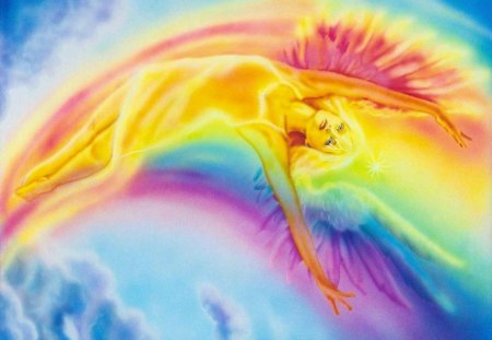 Rainbow angel - rainbow, angel, clouds, beautiful, skies