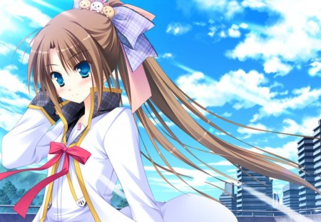 Kanaka Himenogawa - clouds, anime, anime girl, blue, kanaka himenogawa, diamic days, anime school girl, wind, white, sky