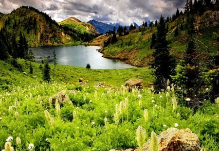 The beautiful nature of Alberta - summer, grass, reflection, mountain, shore, riverbank, lake, nice, sky, clouds, greenery, beautiful, alberta, lovely, stones, lakeshore, slopes, river, nature, canada, green, america