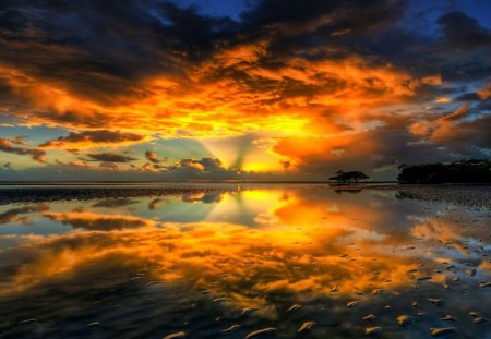 magnificent sunset - beach, sunset, reflection, clouds