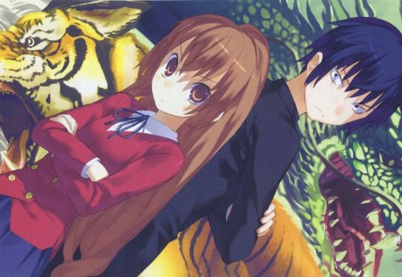 Toradora - tiger, cute, anger, toradora, anime, girl, blue, school, brown, uniform, dragon, hair, couple, boy