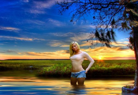 Beauty_At_River_Sunset - water, sunset, girl, grass