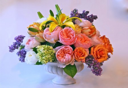 Class - vase, roses, yellow, colors, lilacs, pink, flowers, white, purple, arrangement