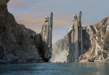 Door to an other World - scifi, water, ships, stones, mountains, statues