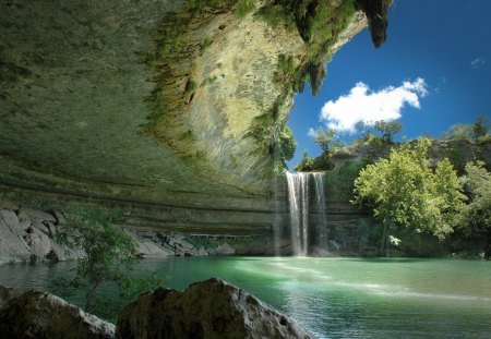 Mysterious Cave and Waterfall - water, lake, stones, trees