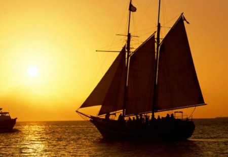 Sunset Sail - sky, sails, sun, water, boat