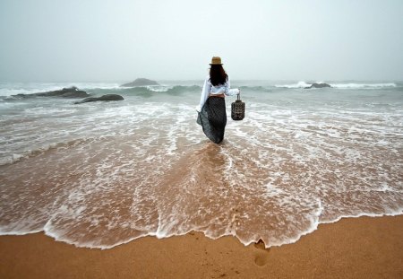 Into the Ocean - woman, nature, ocean, beach, girl, lantern, photography, beautiful