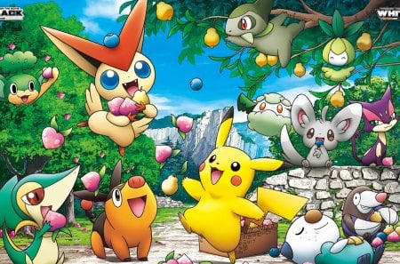 Pokemon eating berries - pokemon, enjoying, eating, happy