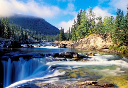 elbow river and falls alberta canada - falls, forest, mountain, river, clouds