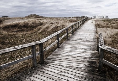 boardwalk across the beach - clouds, boardwalk, rails, beach