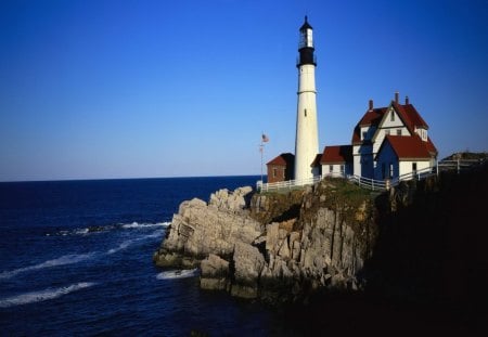 tall lighthouse on the point - cliff, sea, point, lighthouse