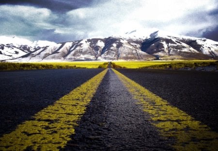 black top to snowy mountains - lines, mountains, road, clouds