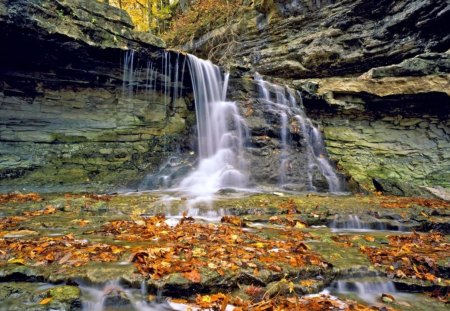 waterfall in autumn - autumn, falls, leaves, rocks, cliffs