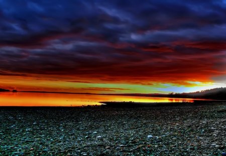 Beautiful Sunset On Beach - mountains, water, clouds, beach, sunset, nature, colors