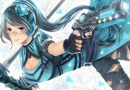 Satellite Warrior - pretty, cool, hot, girl, blue, sword, guns