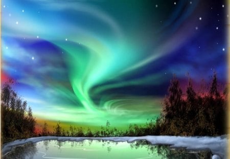 Northern_Lights_In_3D - snow, trees, water, rays