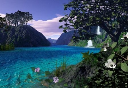 Tropical_Dream_Life - water, flowers, falls, trees