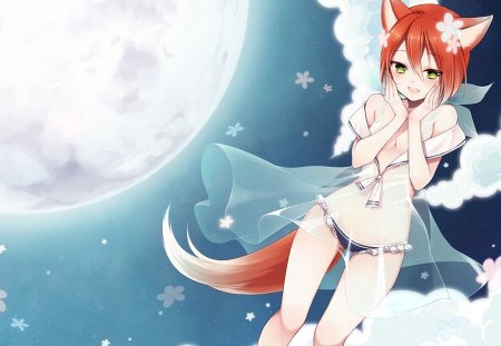 Foxy Girl - furry, red, sweet, girl, peaceful, fox, white, moon, orange