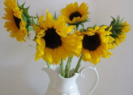 The SunFlower is mineâ™¥ - ceramic, precious, bouquet, annie, white pitcher, forever, magic, bright, light, sunflowers, arrangement, fashion, magnificent, always, cheerful, beauty, yellow, love, warmth, entertainment, sunshine