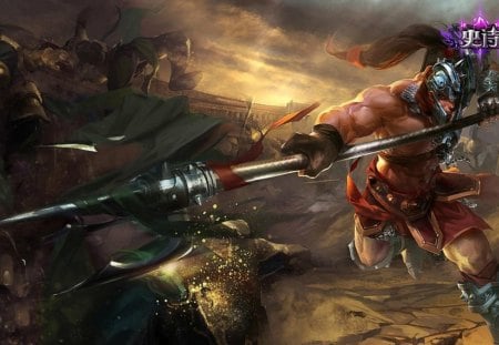 Xin Zhao - male, warrior, games, spear, xin zhao, armour, league of legends, weapon, video games