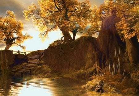 AUTUMN_Wallpaper - stairs, water, rock, trees