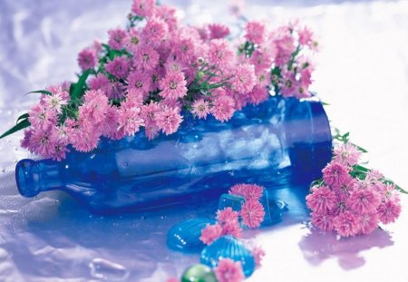 blue_bottle with pink flowers - leaves, bottle, abstract, flowers