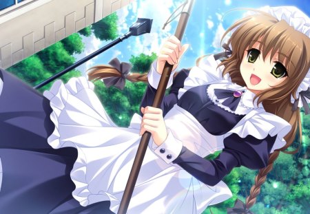 Haina - midori no umi, haina, anime, anime girl, blue, forest, maid, white, sky