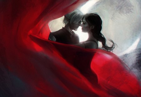 Romancing - women, moon, elf, girl, vampire, fantasy, boy, red, romancing