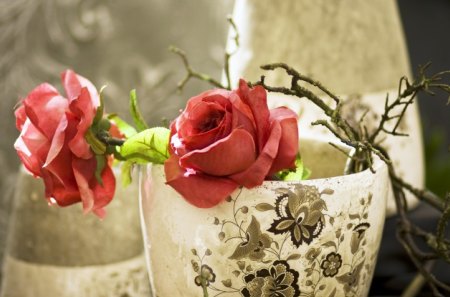 Romance♥ - roses, forever, fashion, entertainment, love, pink, white, arrangement, ceramic vase, centerpiece, pale color