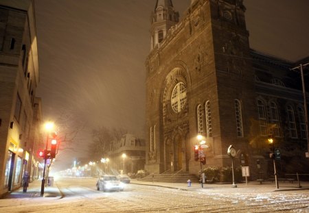 Winter Night in Town - night, winter, town, lights