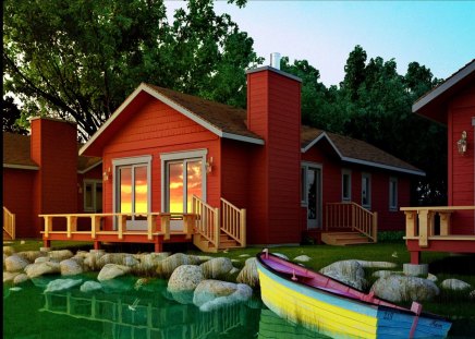 Countryside villa - summer, cabin, boat, forest, light, reflection, countryside, villa, lake, nice, emerald, houses, cottage, canoe, beautiful, lovely, rest, stones, tree, village, colorful, river, wooden, nature, green, country