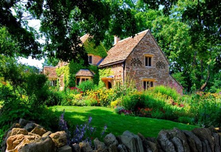 Beautiful countryside house - pretty, summer, grass, forest, countryside, villa, garden, nice, cottage, house, greenery, stone, branches, trees, beautiful, lovely, village, nature, green