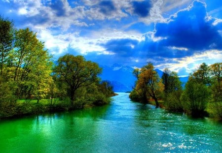 CALM RIVER - clouds, river, sun rays, trees, summer, green, sky