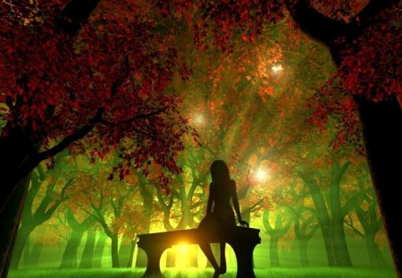 3d sunrise shining between trees - leaves, girl, sunrise, trees