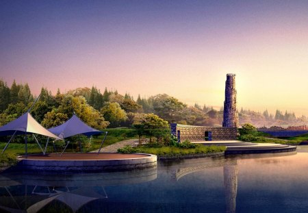 Japanese Park - tower, water, reflection, pier, trees, buildings