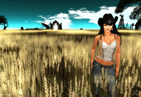 Country Girl - painting, agriculture, wheat, girl, field