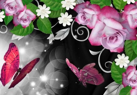 Pink Roses and Butterfly Shine