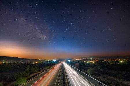 Night Sky - town, amazing, splendor, night, light, stars, view, tre, galaxy, sky, clouds, trees, beautiful, road, beauty, colors, lovely, colorful, nature, lights, milky way, night sky, peaceful