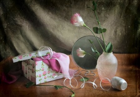 Still Life - pretty, romantic, white flower, romance, pink, reflection, flowers, mirror, box, pink flowers, pink flower, vase, for you, beautiful, photography, beauty, colors, lovely, with love, still life, white, nature, gift