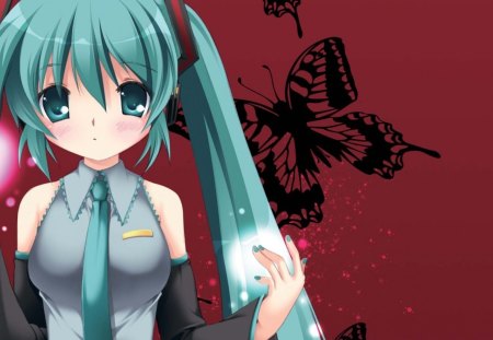 Hatsune Miku - aqua, headset, music, anime girl, white, art, amazing, cool, aqua eyes, artistic, hatsune miku, light, song, stunning, vocaloids, program, glow, butterfly, vocaloid, beautiful, uniform, diva, beauty, nice, twintail, singer, aqua hair, black, virtual, pretty, idol, anime, miku, cute, twin tail, girl, cg, hatsune, microphone, red, blue, headphones, awesome, digital, outfit