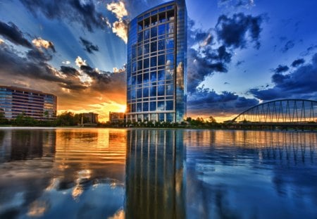 anadarko_tower_reflected in lake robbins - sunset, water, reflection, buildings