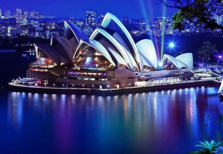 Opera_House_Sydney - water, rays, buildings, lights