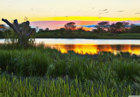 Colorful Wetlands - wetlands, river, sunset, marsh, color, grass