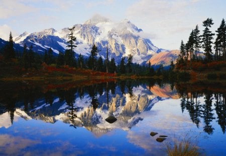 God's Beautiful Creation - lake, mountain, woods, snow